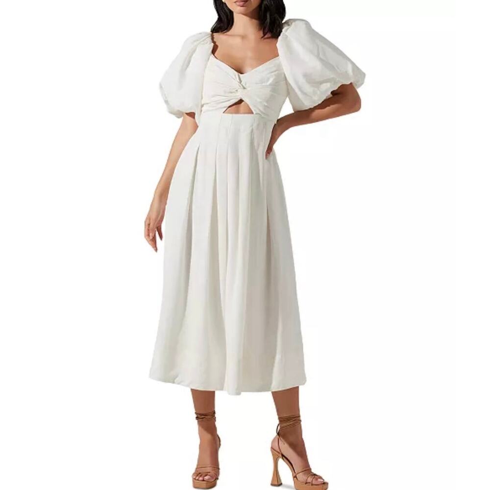 Astr the Label Serilda Puff Sleeve Cutout White Midi Dress Bridal Baby Shower M